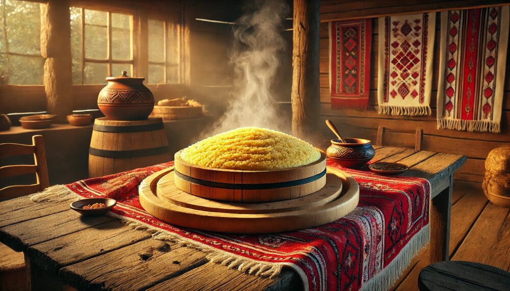 Mămăligă rumana auténtica con queso y crema agria Mămăligă con queso tradicional rumano servida caliente