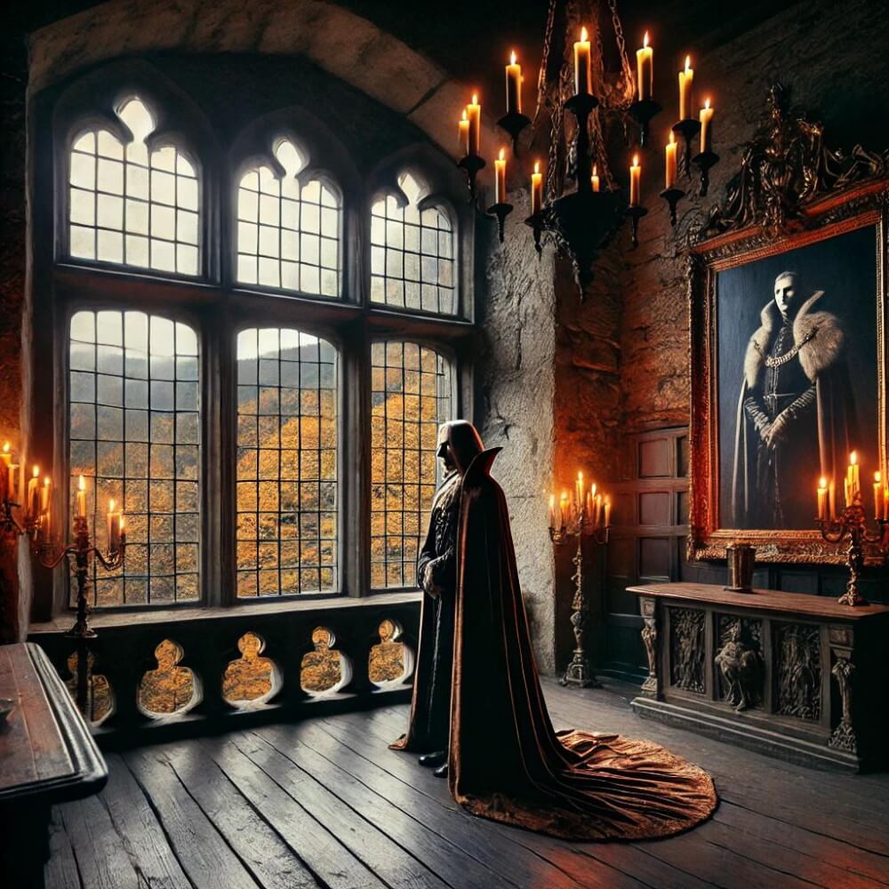 El conde Drácula de Bram Stoker Interior gótico con figura de Drácula