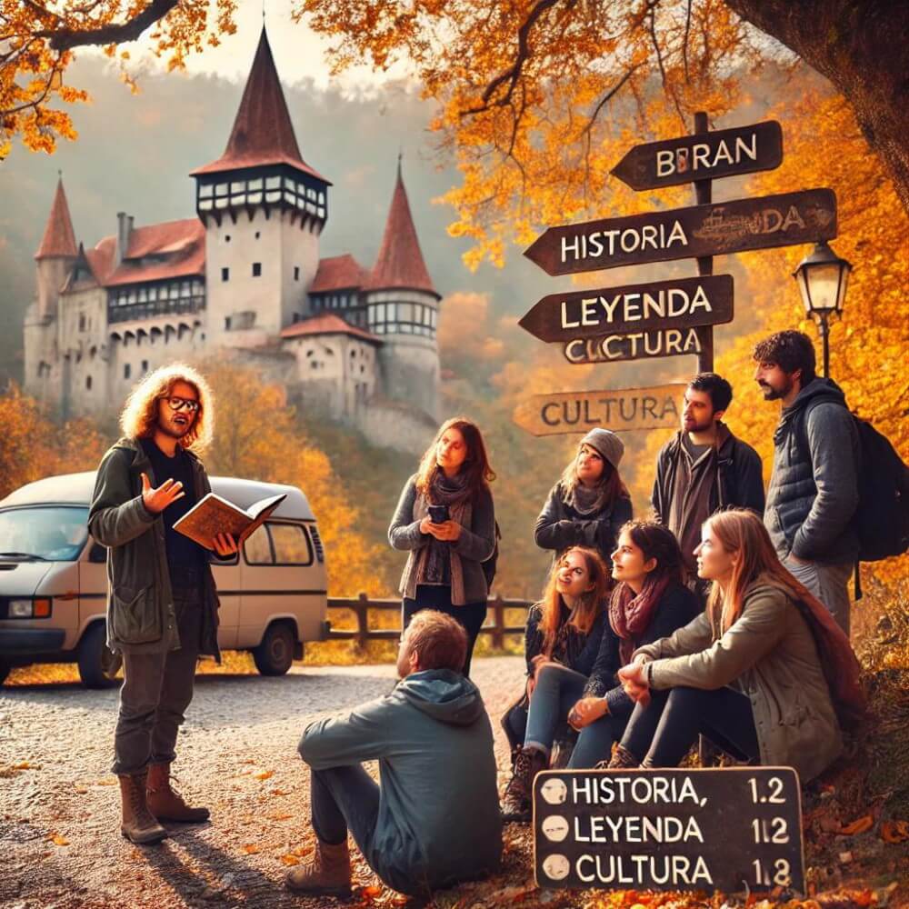 Tour de Drácula en español Turistas con guía en castillo